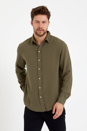Nicolas Regular Fit Keten Gömlek - HAKİ