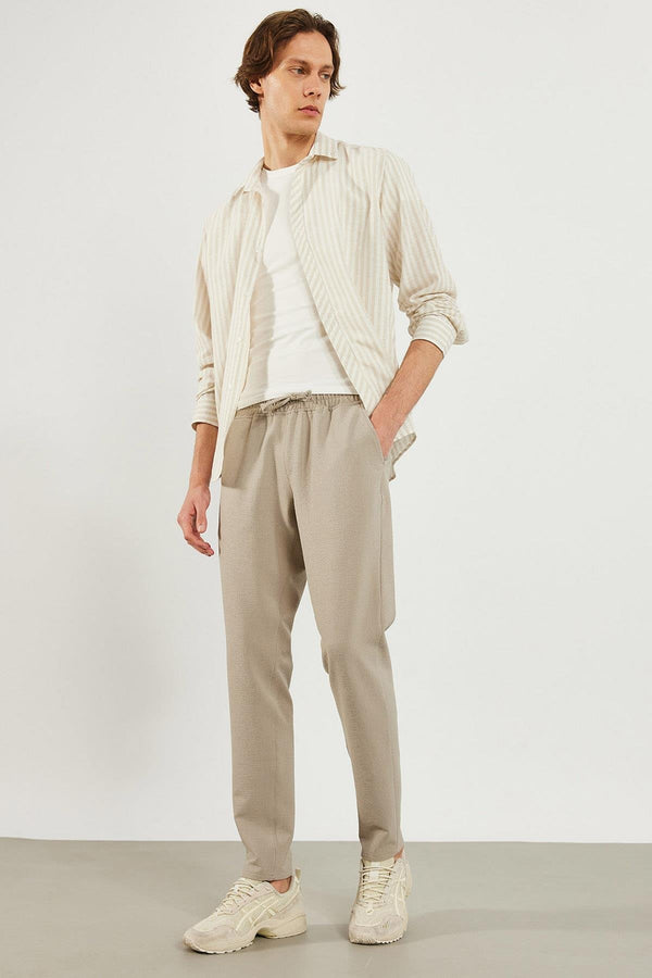Erkek Alfred Gri Beli Lastikli Slim Straight Gofre Pantolon