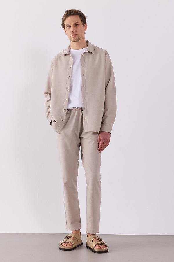 Erkek Alfred Beli Lastikli Slim Straight Gofre Pantolon - Bej