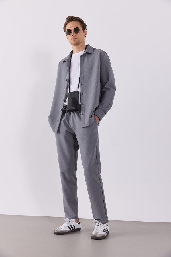 Erkek Alfred Beli Lastikli Slim Straight Gofre Pantolon - Gri