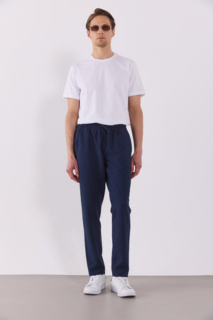 Erkek Alfred Beli Lastikli Slim Straight Gofre Pantolon - Navy