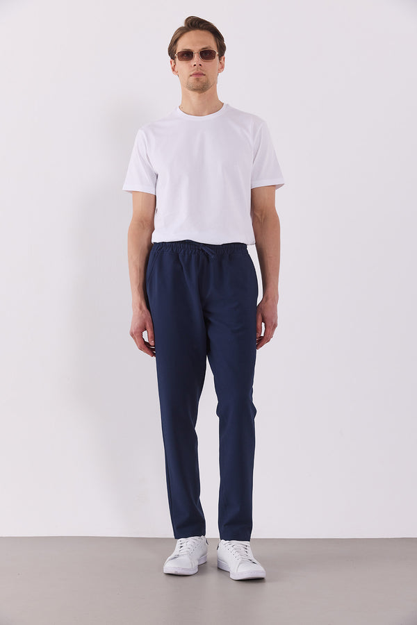 Erkek Alfred Beli Lastikli Slim Straight Gofre Pantolon - Navy