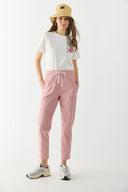 Kadın Alian Beli Lastikli Çizgili Gabardin Pantolon - Kırmızı Çizgili