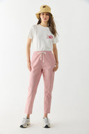 Kadın Alian Beli Lastikli Çizgili Gabardin Pantolon - Kırmızı Çizgili