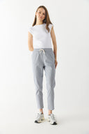 Kadın Alian Beli Lastikli Çizgili Gabardin Pantolon - Lacivert Çizgili