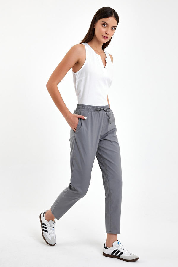 Kadın Alian Beli Lastikli Füme Çizgili Summer Gabardin Pantolon