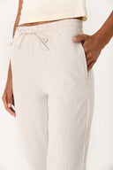 Kadın Alian Beli Lastikli Gofre Çizgili Beach Pantolon - Taş Çizgili