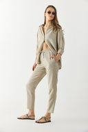 Kadın Alian Beli Lastikli İnce Çizgili Keten Pantolon - Lacivert Çizgili