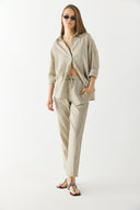 Kadın Alian Beli Lastikli İnce Çizgili Keten Pantolon - Lacivert Çizgili