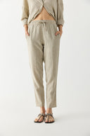 Kadın Alian Beli Lastikli İnce Çizgili Keten Pantolon - Lacivert Çizgili