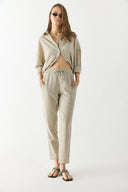 Kadın Alian Beli Lastikli İnce Çizgili Keten Pantolon - Lacivert Çizgili