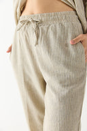 Kadın Alian Beli Lastikli İnce Çizgili Keten Pantolon - Lacivert Çizgili