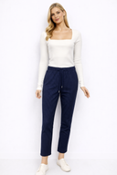 Alian Beli Lastikli Kalın Çizgili Dokulu Pantolon-Lacivert Çizgili