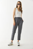 Kadın Alian Beli Lastikli Kalın Çizgili Gofre Pantolon - Gri Çizgili