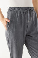 Kadın Alian Beli Lastikli Kalın Çizgili Gofre Pantolon - Gri Çizgili