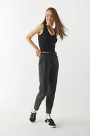 Kadın Alian Beli Lastikli Kalın Çizgili Gofre Pantolon - Siyah Çizgili