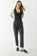 Kadın Alian Beli Lastikli Kalın Çizgili Gofre Pantolon - Siyah Çizgili