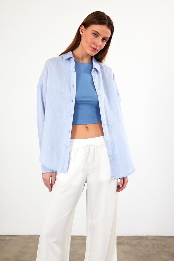 Alina Oversize Keten Gömlek - MAVİ