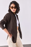 Kadın Alina Oversize Gömlek %100 Keten - Kahverengi