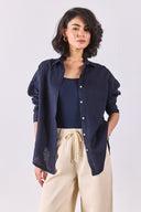 Kadın Alina Oversize Gömlek %100 Keten - Lacivert