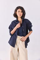 Kadın Alina Oversize Gömlek %100 Keten - Lacivert