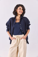 Kadın Alina Oversize Gömlek %100 Keten - Lacivert