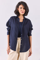 Kadın Alina Oversize Gömlek %100 Keten - Lacivert