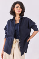 Kadın Alina Oversize Gömlek %100 Keten - Lacivert
