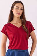 Kadın Almira V Yaka Sırtı Detaylı Modal Tişört (TENCEL)™ - Bordo