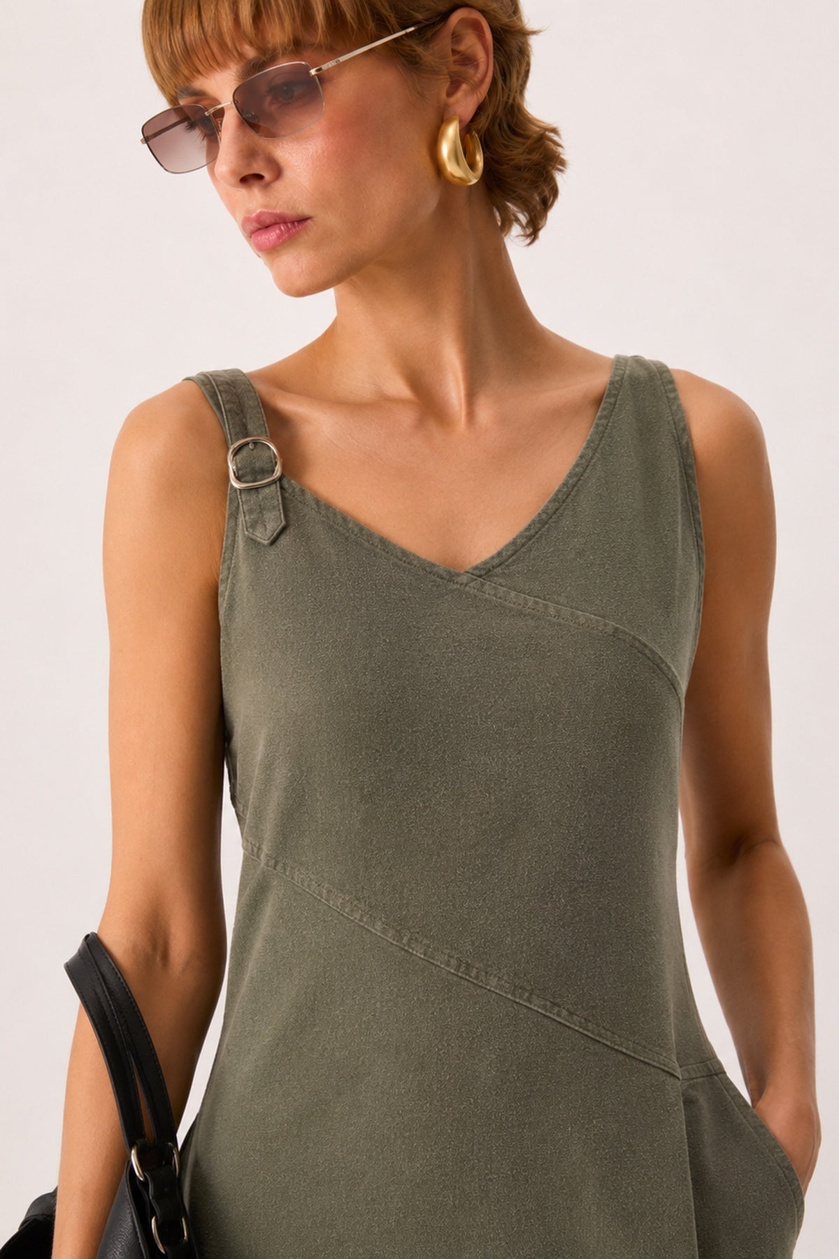 Angelica Regular Fit Keten Elbise-Haki
