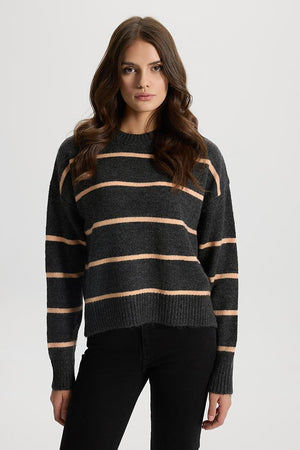 Kadın Anita Bisiklet Yaka Triko Kazak - Antrasit - Turuncu Çizgili