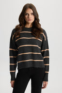 Kadın Anita Bisiklet Yaka Triko Kazak - Antrasit - Turuncu Çizgili