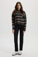 Kadın Anita Bisiklet Yaka Triko Kazak - Antrasit - Turuncu Çizgili