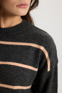 Kadın Anita Bisiklet Yaka Triko Kazak - Antrasit - Turuncu Çizgili