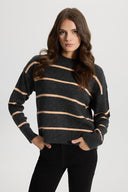 Kadın Anita Bisiklet Yaka Triko Kazak - Antrasit - Turuncu Çizgili