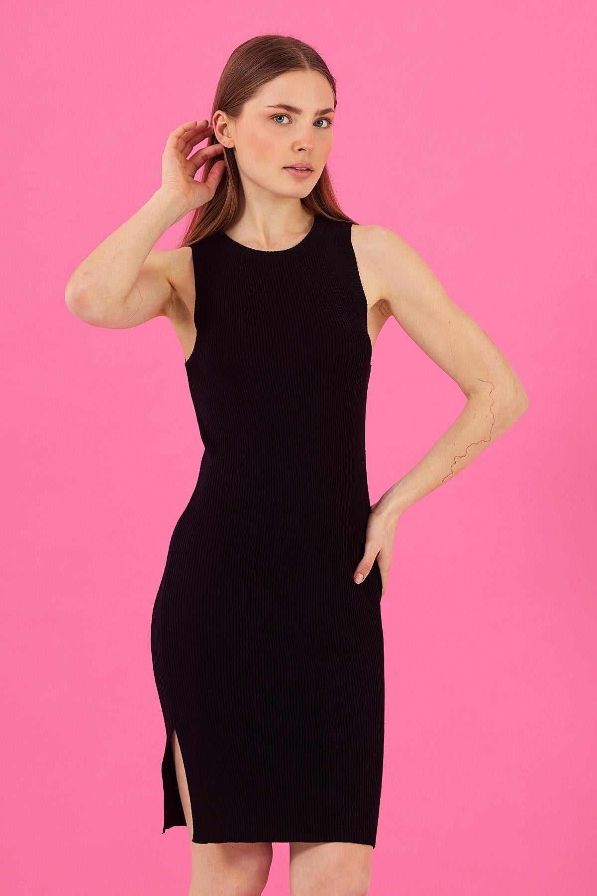 Kadın Ashley Bisiklet Yaka Slim Fit Triko Elbise - Siyah
