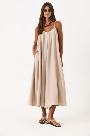 Kadın Askılı Maxi Boy Elbise (CUPRO) - Taş