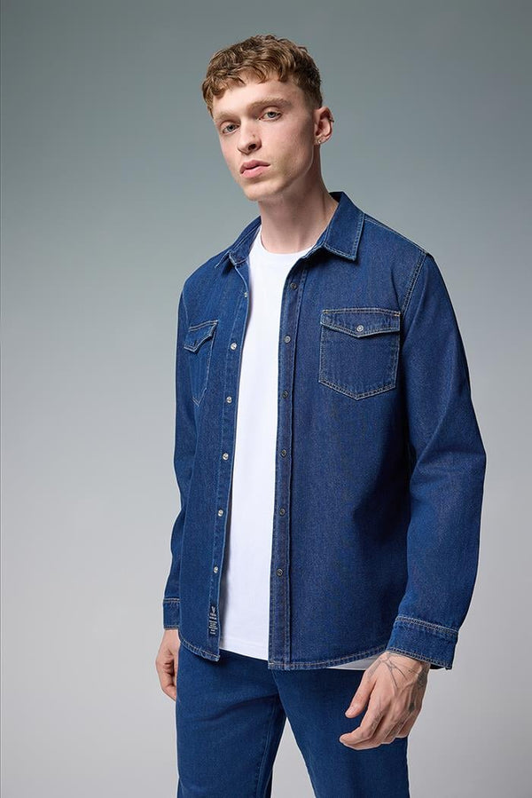Erkek Austin Dark Blue Slim Fit Jean Gömlek - 5085DB-251