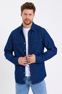 Erkek Austin Dark Blue Slim Fit Jean Gömlek %100 Pamuk - Dark Blue