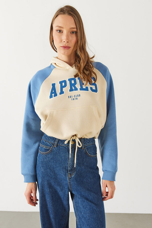 Baskılı Kontrast Parçalı Sweatshirt - MAVİ