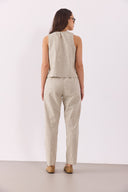 Kadın Beli Lastikli Çizgili Keten Pantolon - Haki Çizgili