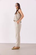 Kadın Beli Lastikli Çizgili Keten Pantolon - Haki Çizgili