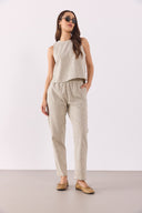 Kadın Beli Lastikli Çizgili Keten Pantolon - Haki Çizgili