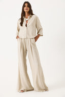 Kadın Beli Lastikli Geniş Paça Çizgili Keten Pantolon - Bej Çizgili
