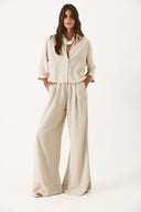 Kadın Beli Lastikli Geniş Paça Çizgili Keten Pantolon - Bej Çizgili