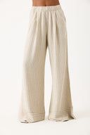 Kadın Beli Lastikli Geniş Paça Çizgili Keten Pantolon - Bej Çizgili