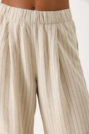 Kadın Beli Lastikli Geniş Paça Çizgili Keten Pantolon - Bej Çizgili