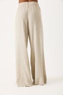 Kadın Beli Lastikli Geniş Paça Çizgili Keten Pantolon - Bej Çizgili