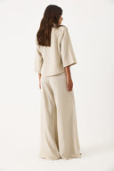 Kadın Beli Lastikli Geniş Paça Çizgili Keten Pantolon - Bej Çizgili