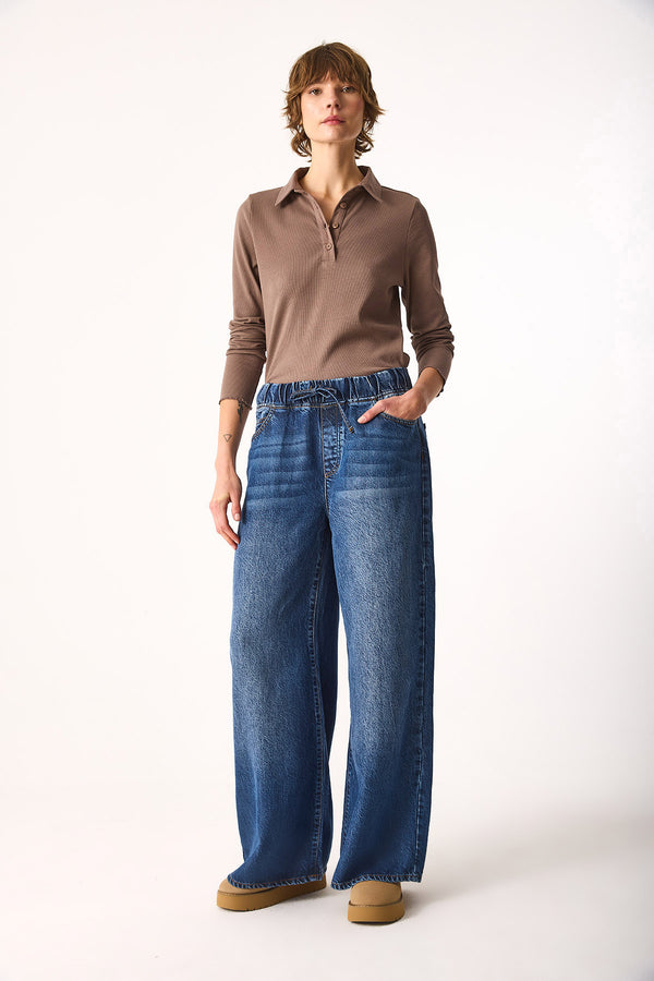 Beli Lastikli Geniş Paça Dark Blue Jean Pantolon(TENCEL)(TM)-DARK BLUE